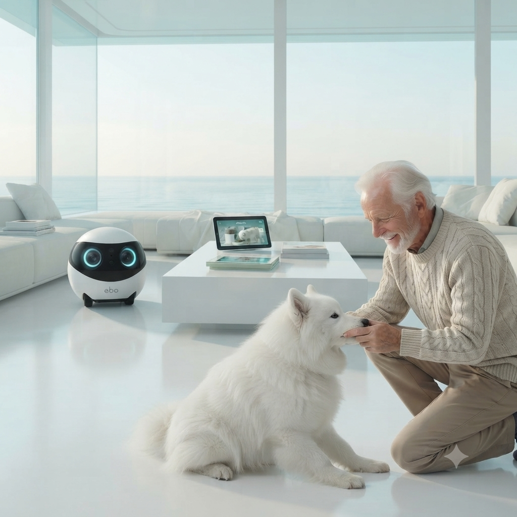GRANDPA PLAYING WITH FLUFFY DOG WITH EBO ROBOT FROM E4CENTS IN THE BACKGROUND.