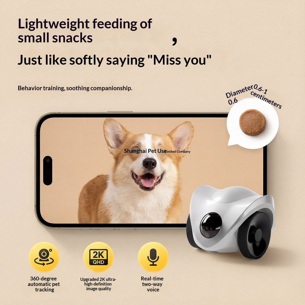 A pet camera product shown on a beige promotional background with marketing text, a smartphone screen displaying a corgi, a small treat bubble, and feature icons. The product appears to be a white and black cylindrical pet camera with a screen on the front.