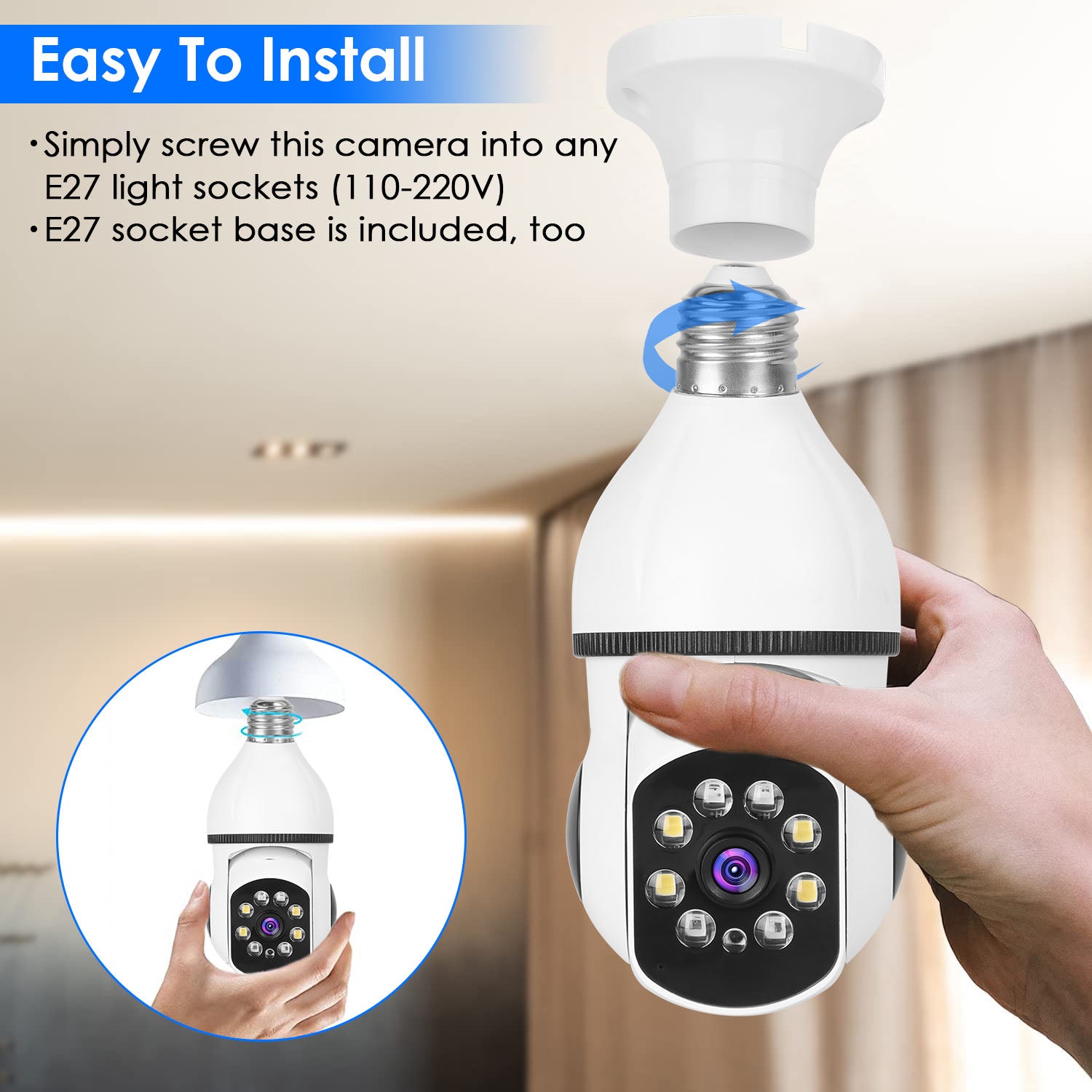 E27 WiFi bulb camera with 1080P pan‑tilt security, night vision, and two‑way audio