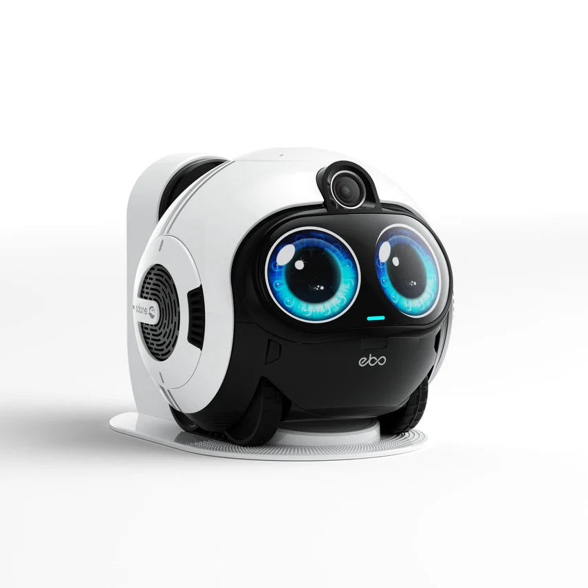 White and black robot with blue eyes on a white background