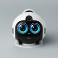 White and black robot with blue eyes on a white background