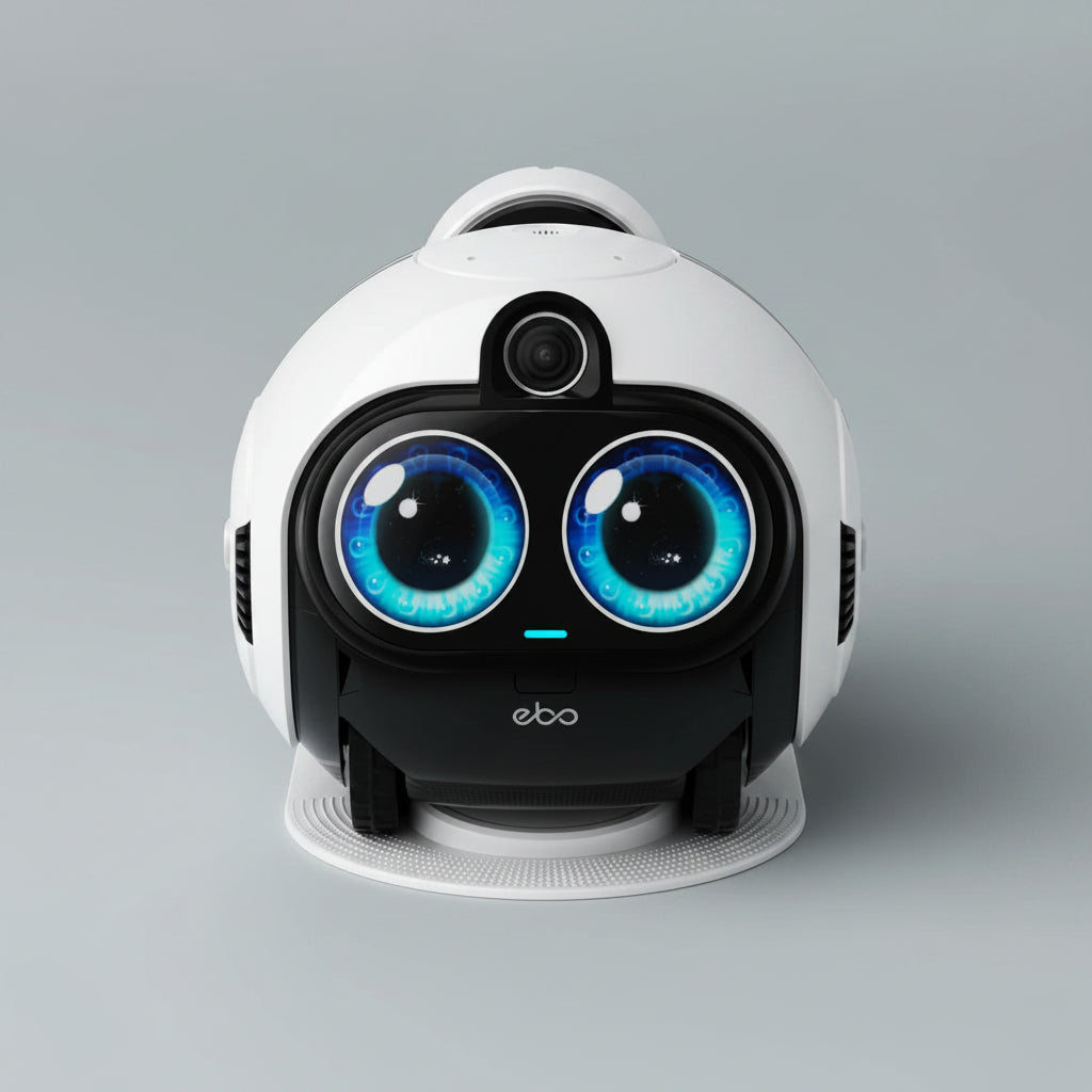 White and black robot with blue eyes on a white background