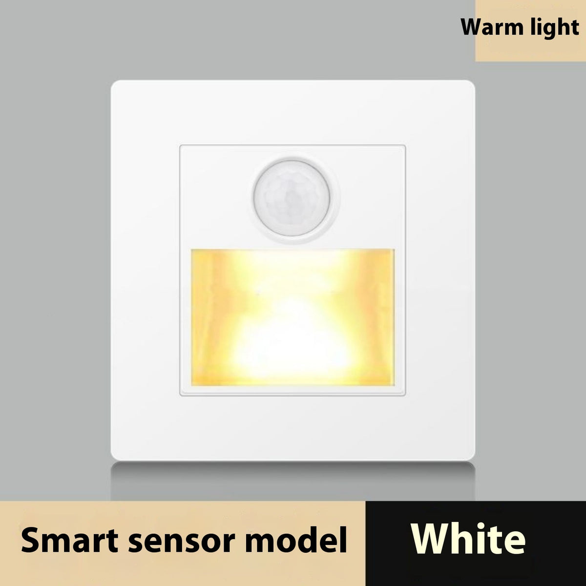 White smart sensor model emitting warm light on a gray background