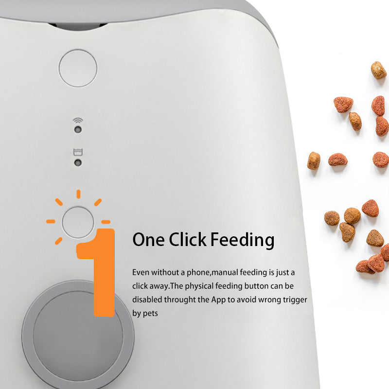 Pet feeder with 'One Click Feeding' feature and pet food on a white background