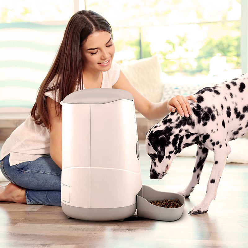 Woman with a Dalmatian dog interacting with a pet food dispenser.