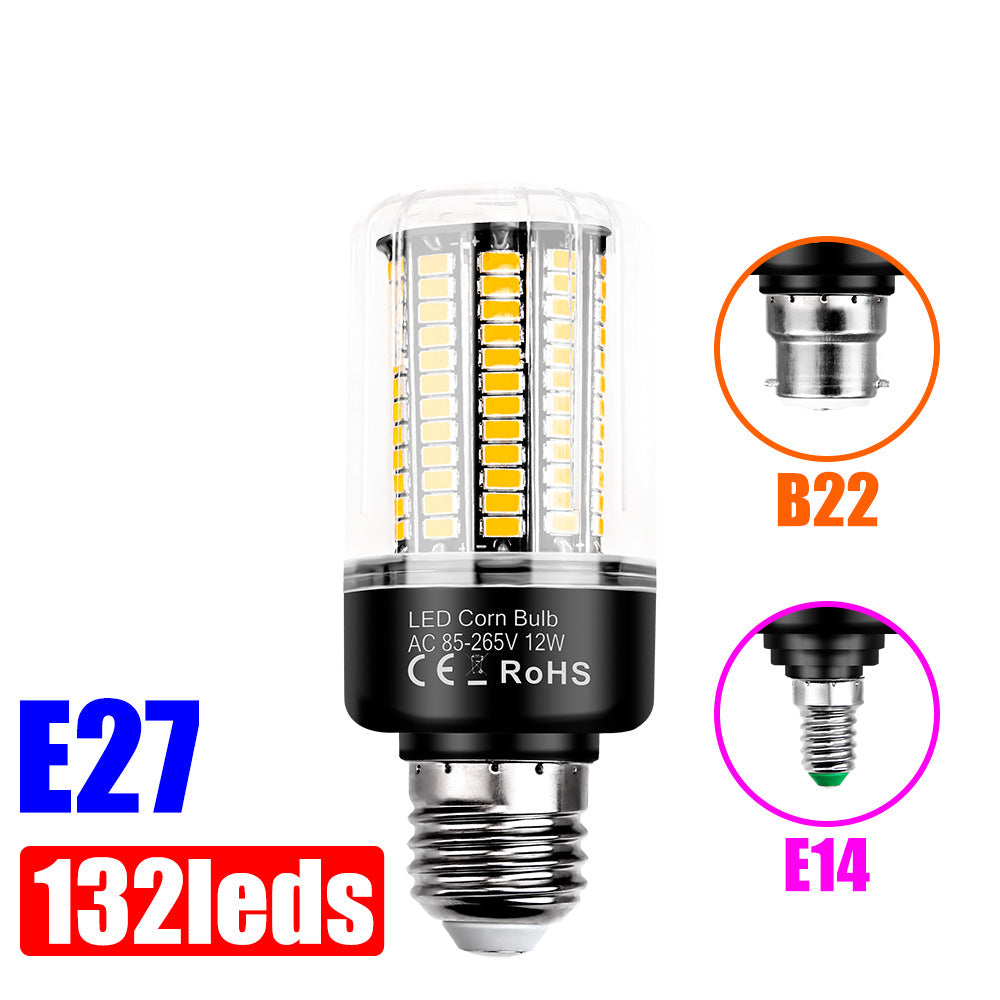 An LED corn bulb with 132 LEDs, featuring a black base and clear glass envelope, shown alongside circular insets illustrating B22 and E14 socket types.