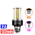 An LED corn bulb with 132 LEDs, featuring a black base and clear glass envelope, shown alongside circular insets illustrating B22 and E14 socket types.
