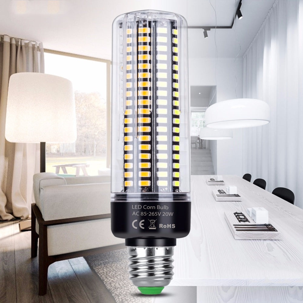 LED corn bulb with a modern interior setting in the background
