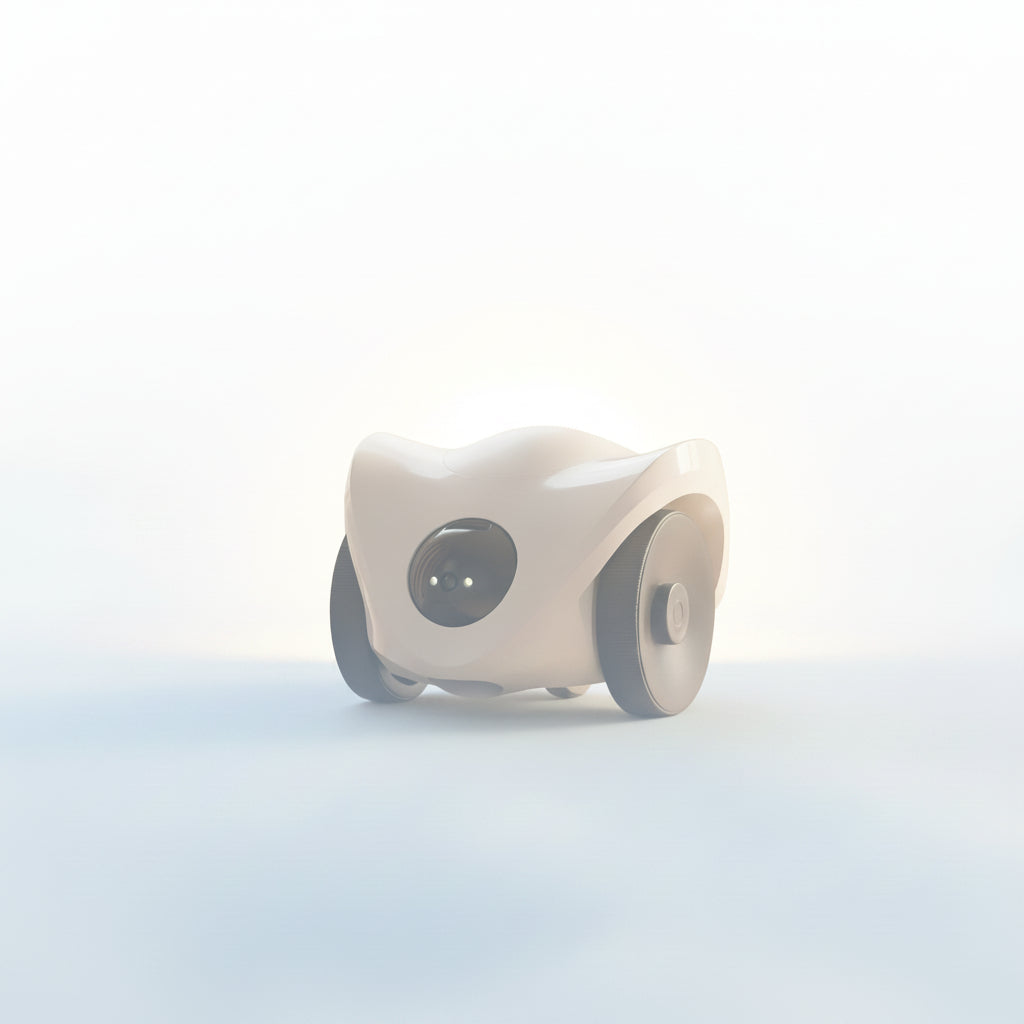 A futuristic, rounded wheeled robot or toy vehicle with a glossy cream-colored shell, a large black circular front lens, and two dark wheels, isolated on a white background.