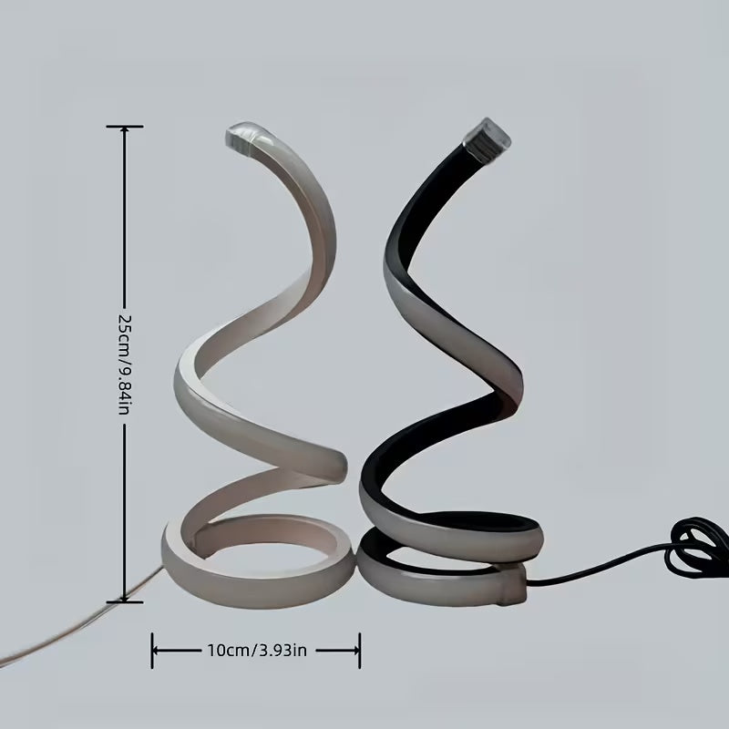 Two spiral-shaped lamps, one white and one black, with measurements indicated on a light gray background.