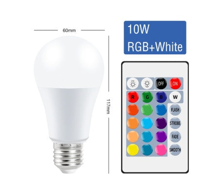 LED bulb with RGB+White color options and a remote control on a white background