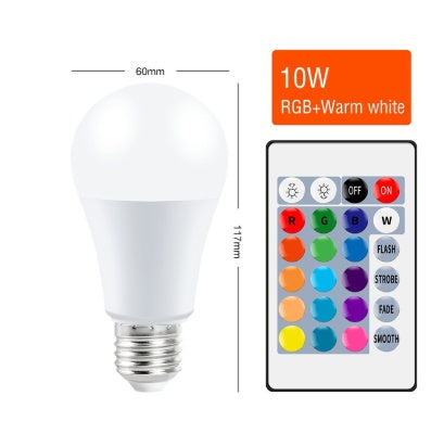 LED light bulb with remote control displaying RGB+Warm white options on a white background.