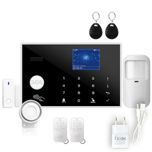 Intelligent WiFi GSM household alarm with touch‑button control and dual‑network security