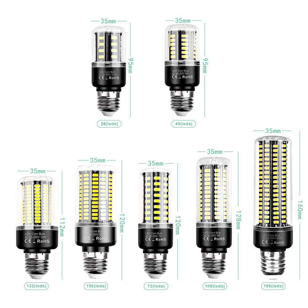 Six LED corn bulb options with different lengths and quantities of LEDs, each labeled with its dimensions (e.g.