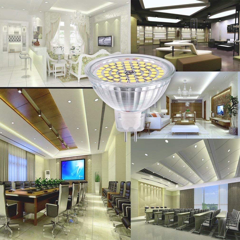 LED light bulb with indoor settings including a dining area, living room, and office.