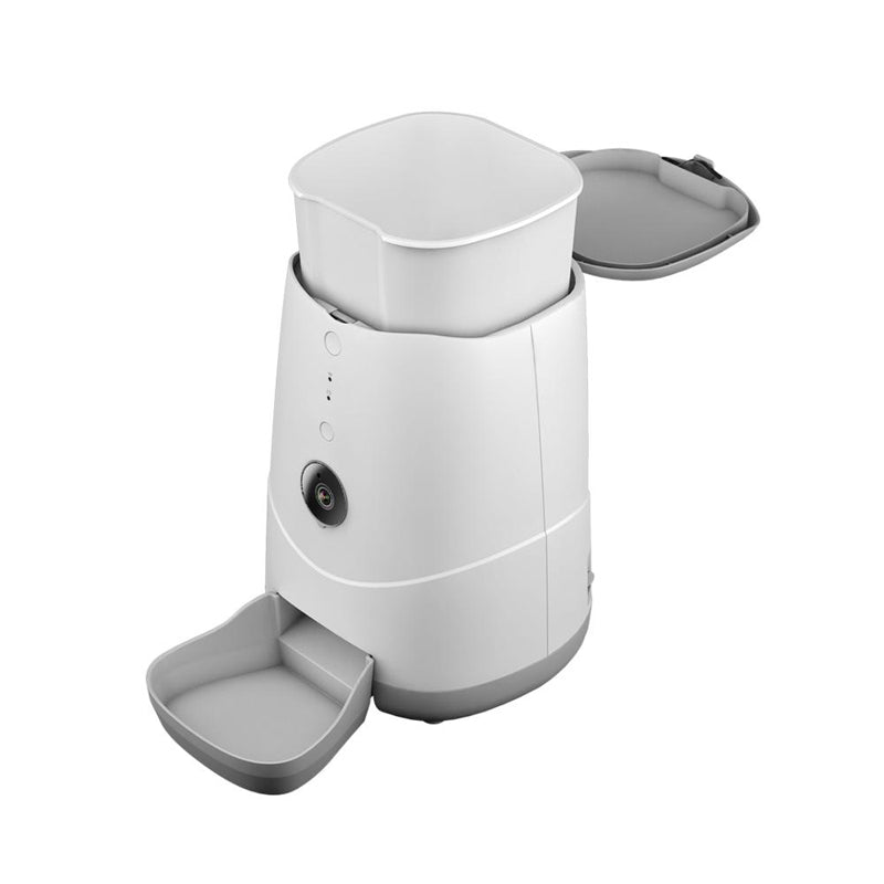 White pet feeder with gray accents on a white background
