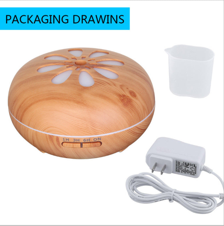 Wooden diffuser with power adapter and cable on a white background
