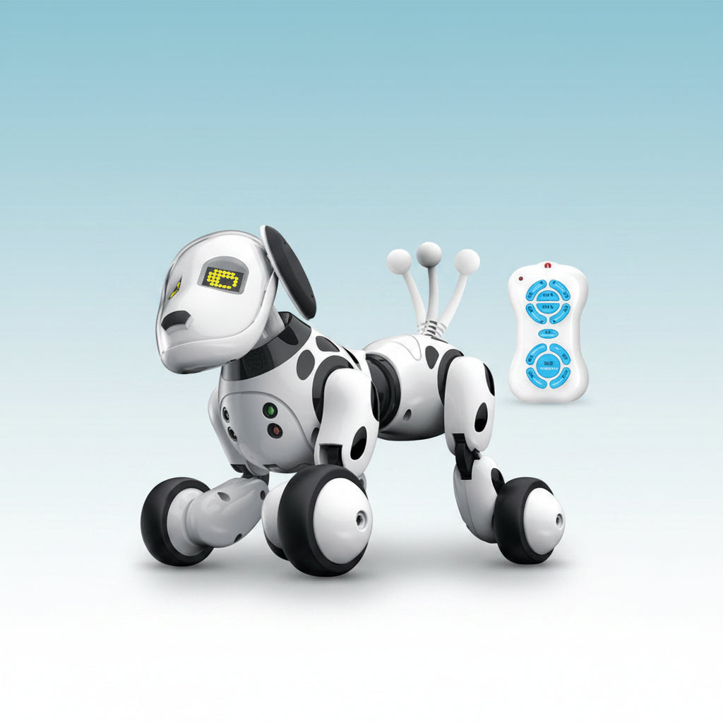 Toy robot dog with remote control on a white background