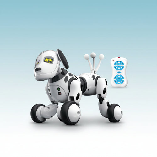 Toy robot dog with remote control on a white background
