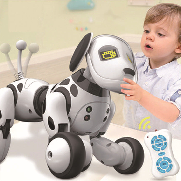 Child playing with a robot dog toy in a room setting