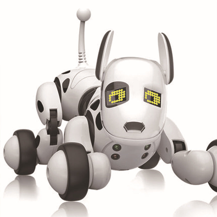 White robot dog with black spots on a white background