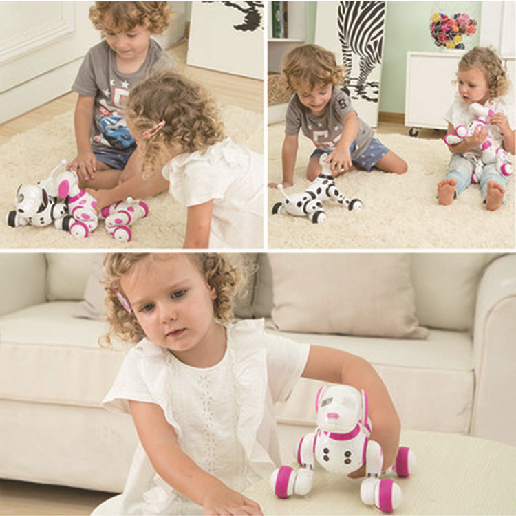 Children playing with a robot dog toy in a home setting
