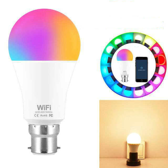 Smart light bulb with color-changing capabilities and smartphone control interface.