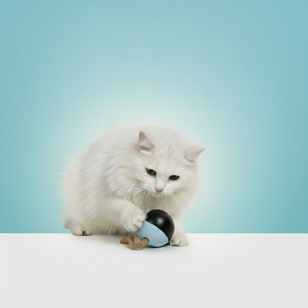 White cat playing with a small blue and brown toy on a beige background