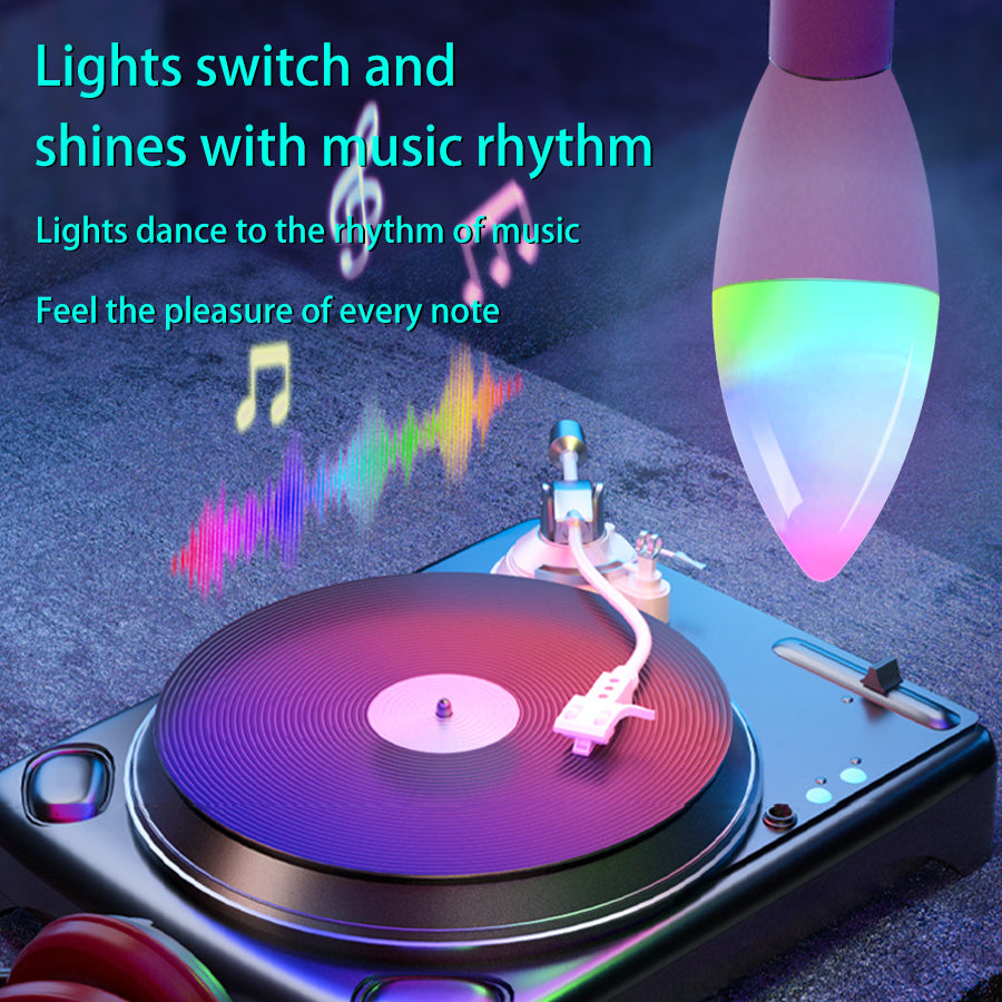 Turntable with colorful light effects and music notes, featuring text about lights dancing to music.