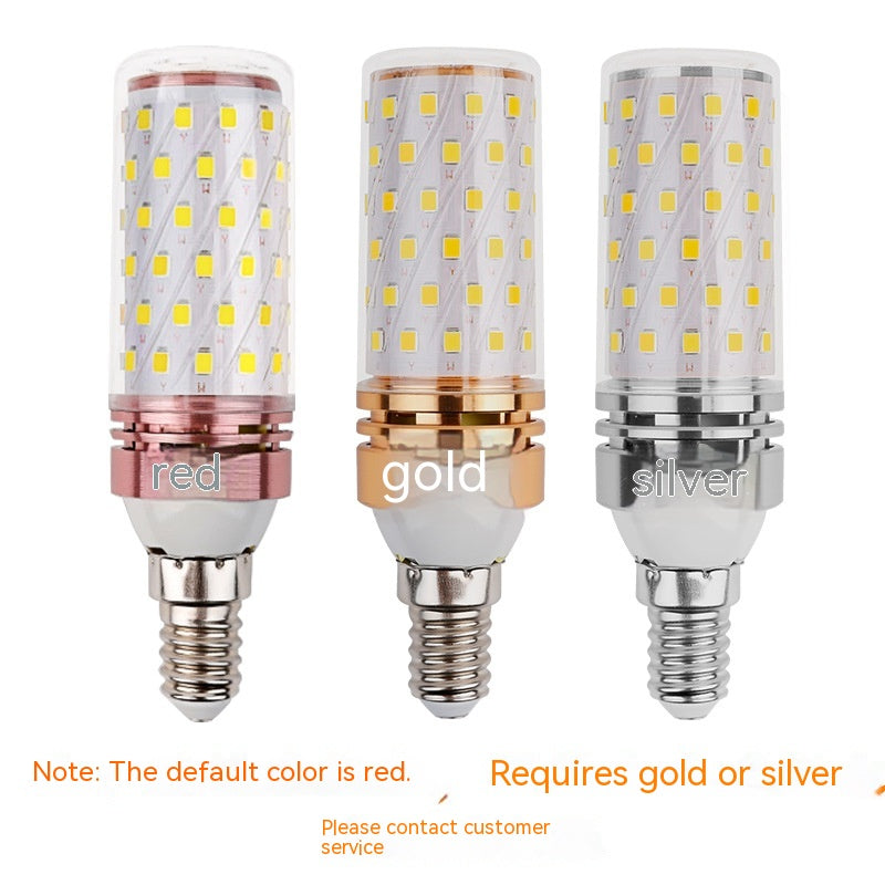 Three LED corn bulbs in red, gold, and silver on a white background.