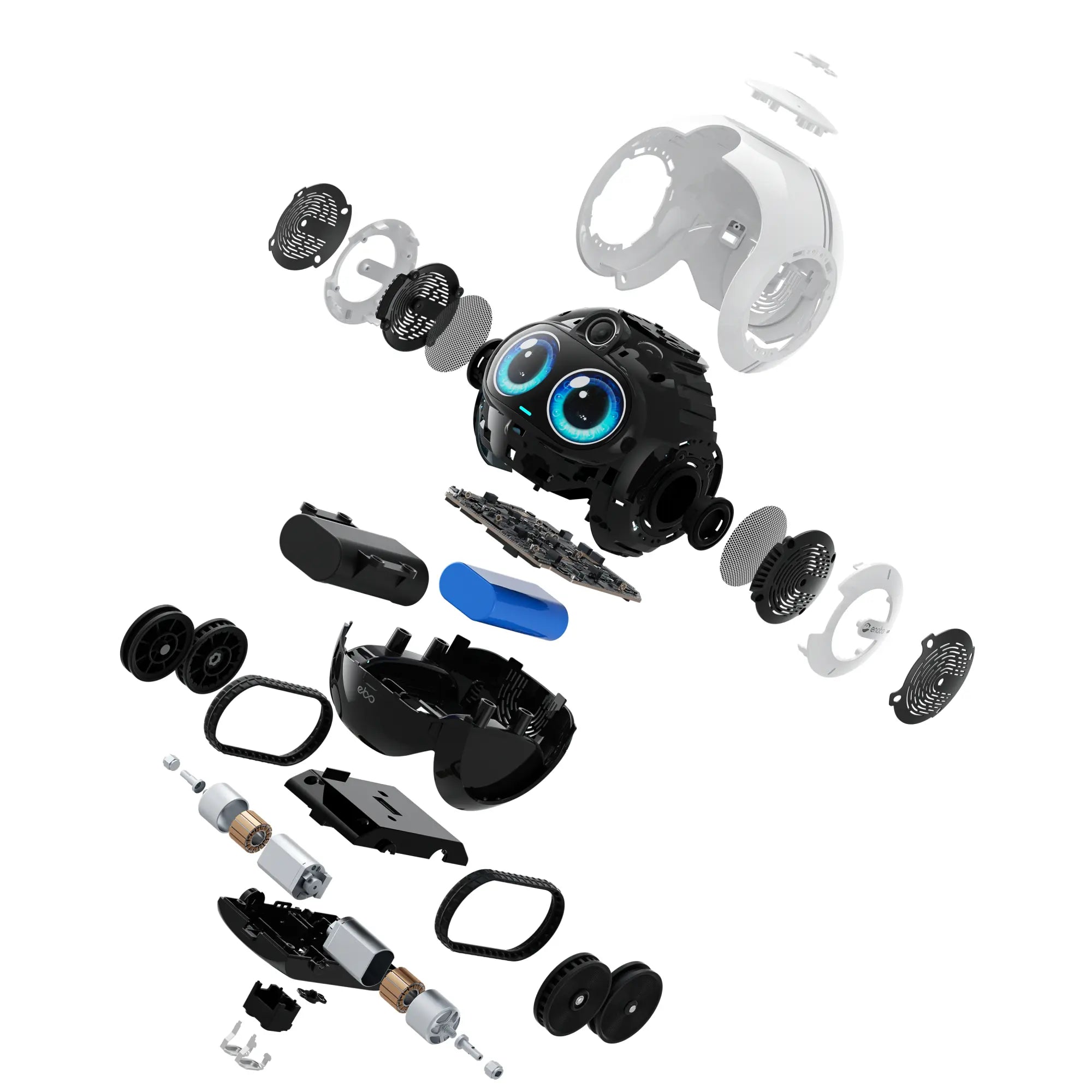 Disassembled robot with all parts on a white background