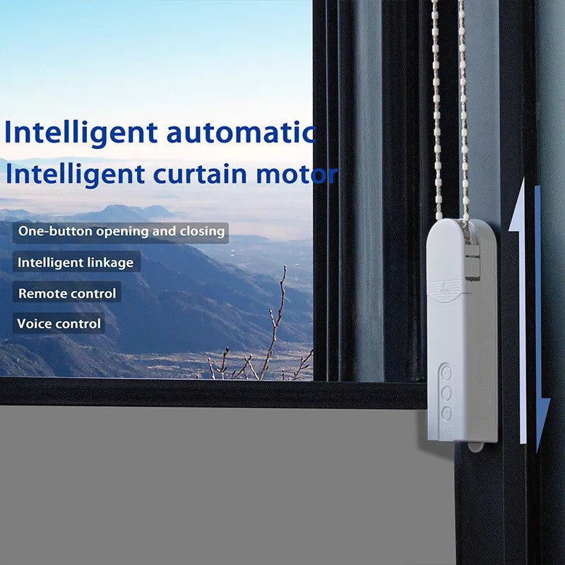 Intelligent automatic curtain motor with remote control and voice control features, mounted on a window.