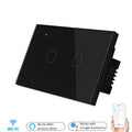 A black glass touch panel switch with two circular icons, shown on a white background with feature badges for Wi-Fi, Amazon Alexa compatibility, Google Assistant compatibility, and a hand holding a smartphone displaying the app.