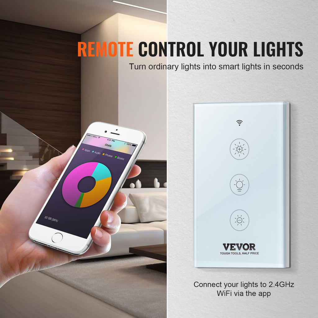 WiFi smart LED dimmer switch with touch panel and stepless dimming, compatible with Alexa and Google Home