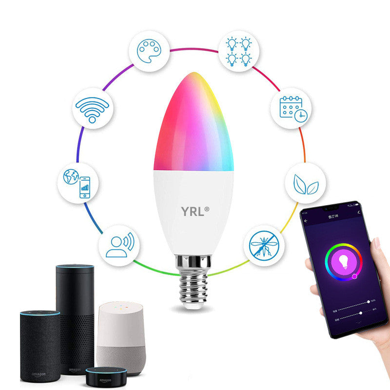 Smart light bulb with connectivity icons and a smartphone app on a white background