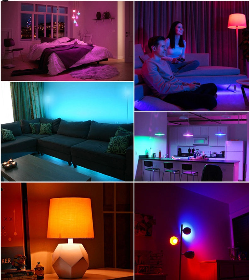 Collage of various indoor settings with colorful LED lighting.