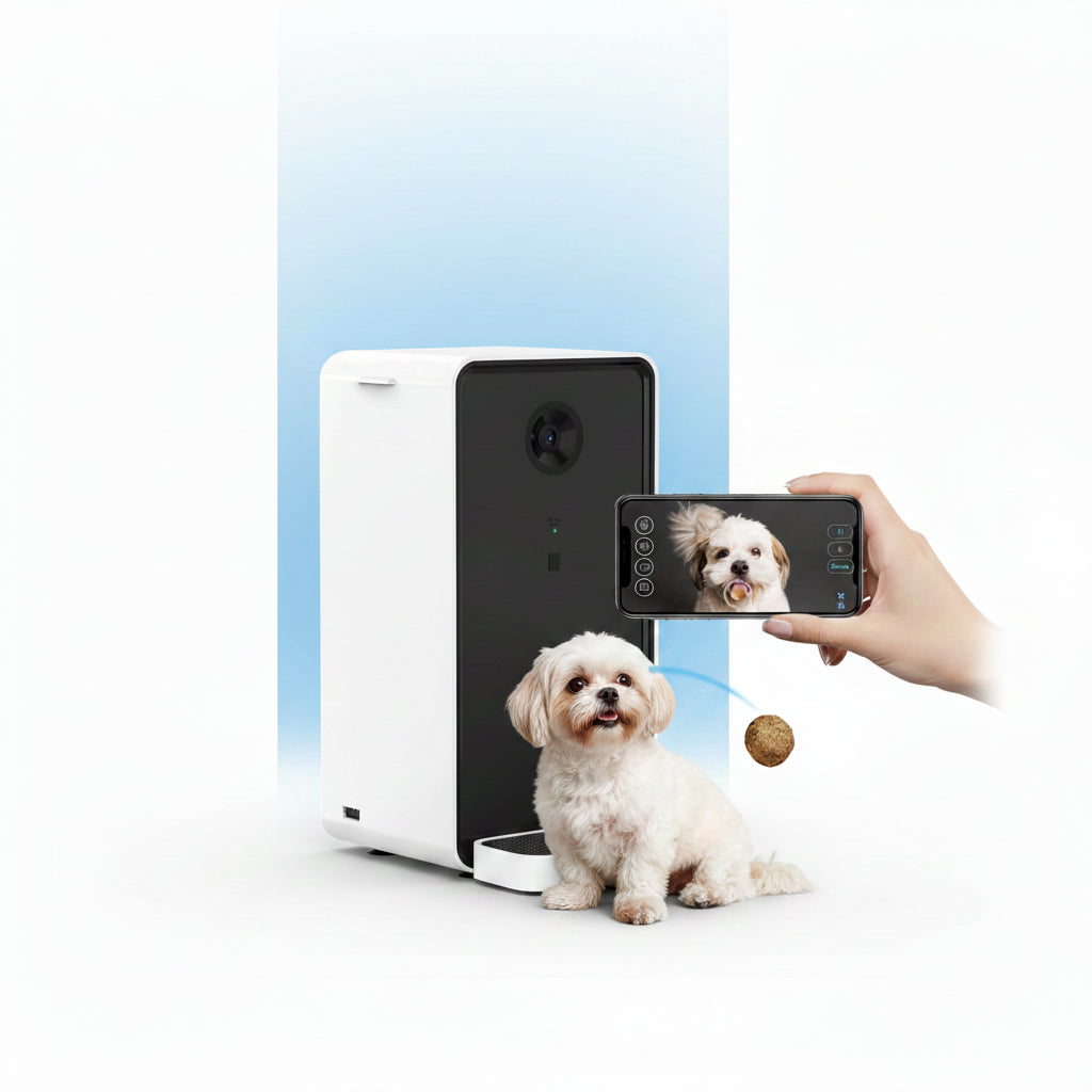 Smart pet feeder with a phone displaying a dog and a treat, on a white background