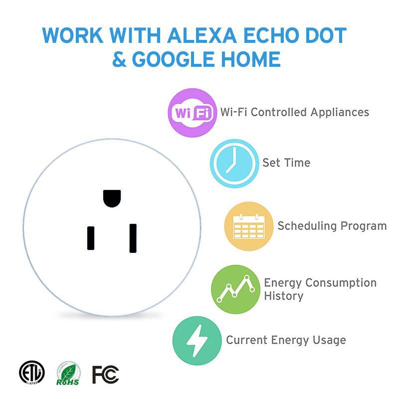 WiFi smart socket with voice control, TUYA app remote operation, and timer automation