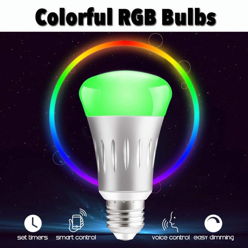 Colorful RGB bulb with a rainbow effect on a dark background, featuring control options.