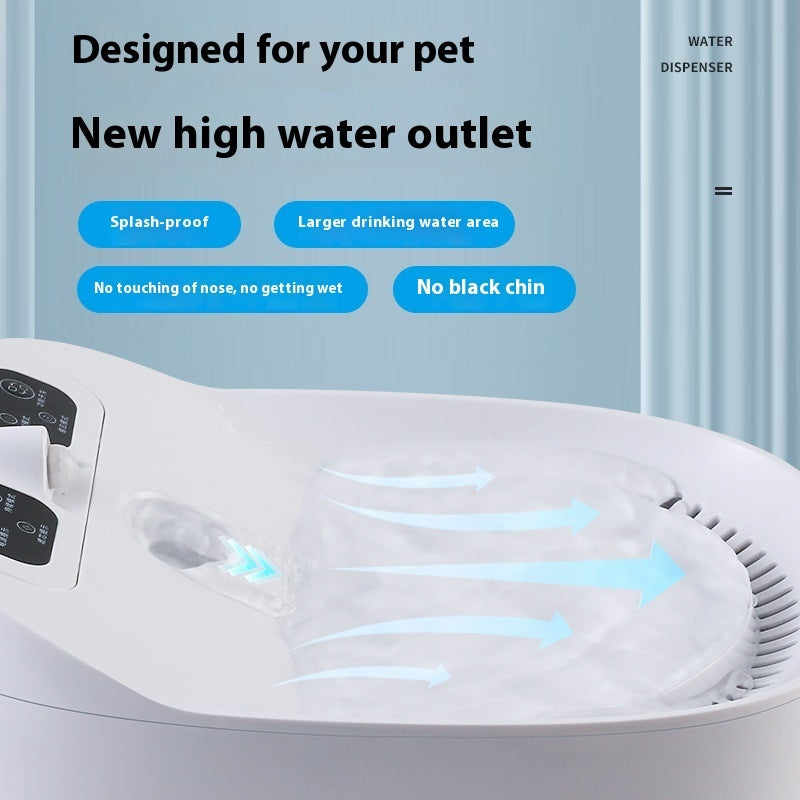 Pet water dispenser with features highlighted on a light blue background