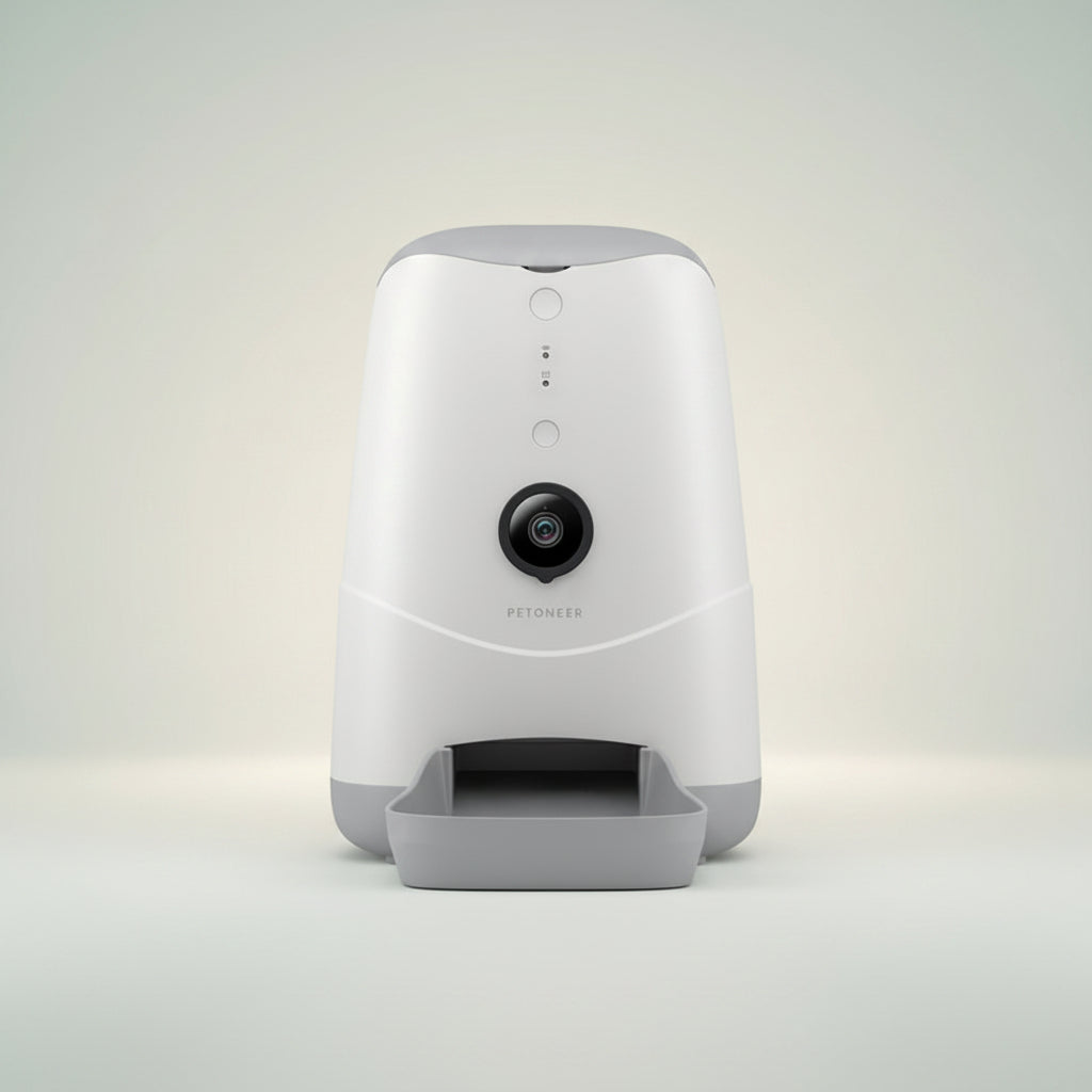 White pet feeder with camera on a white background