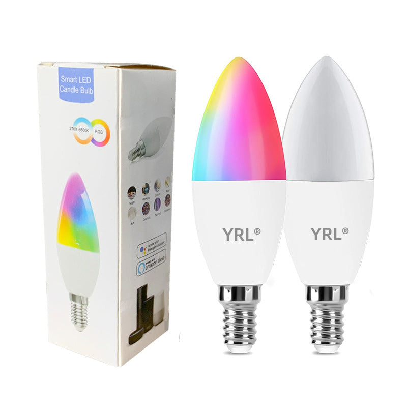 YRL smart LED candle bulbs with a colorful one and a white one, alongside their packaging.
