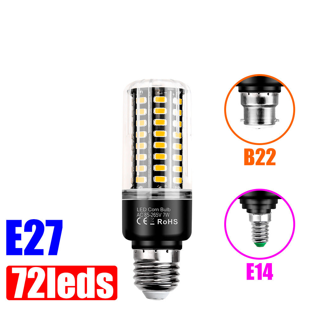 An LED corn bulb with 72 LEDs, featuring a black base and clear glass top, shown alongside circular insets illustrating B22 and E14 socket types, with text overlays 'E27' and '72leds'.