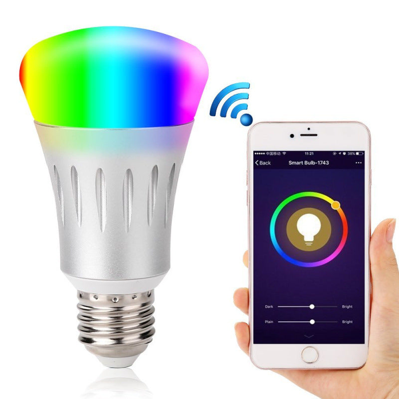 Smart LED bulb with multicolor display next to a smartphone app on a white background