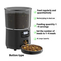 Black pet food dispenser with a bowl of kibble on a white background, featuring text about its features.