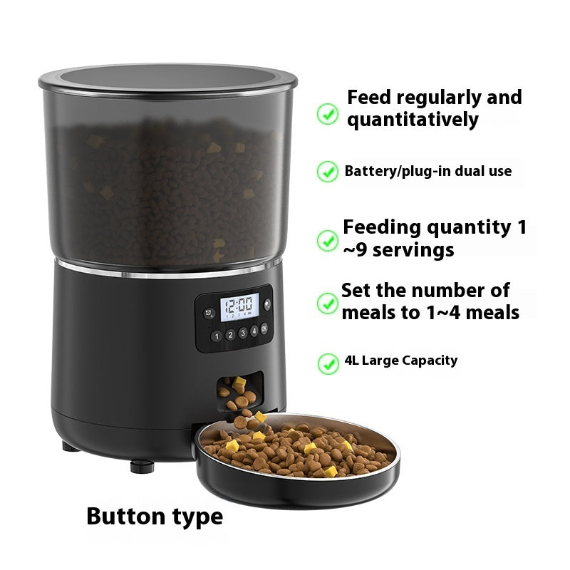 Black pet food dispenser with a bowl of kibble on a white background, featuring text about its features.