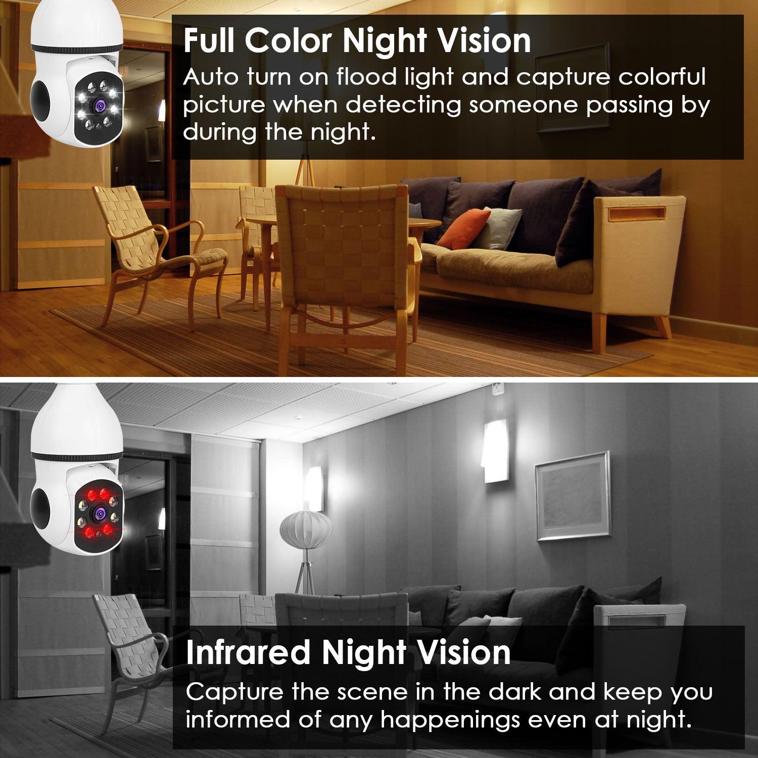 E27 WiFi bulb camera with 1080P pan‑tilt security, night vision, and two‑way audio