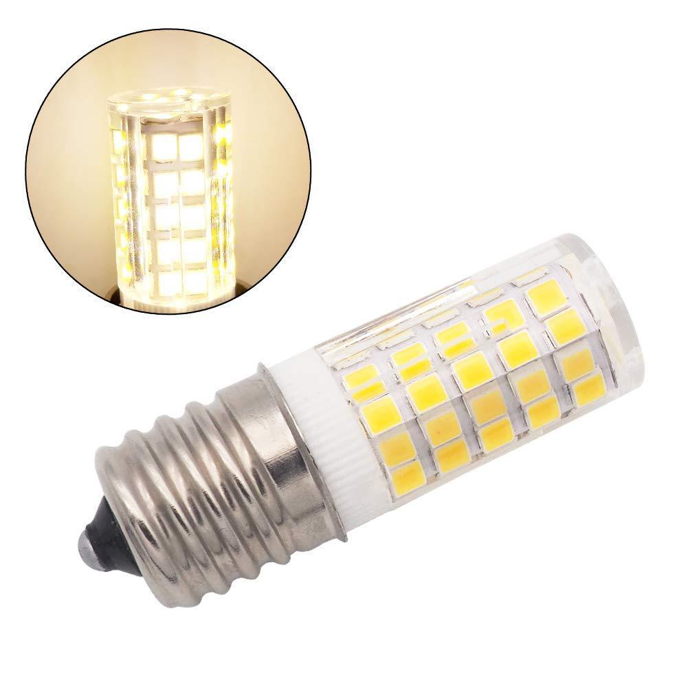 A cylindrical LED corn bulb with a silver E10 screw base and a clear body showing yellow LED chips, shown on a white background with a circular inset demonstrating warm white illuminated light.