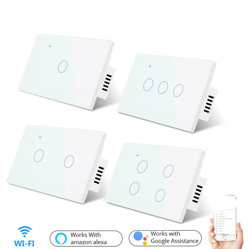 Four white smart wall switch panels arranged in a 2x2 grid on a white background, with feature icons and text indicating Wi-Fi connectivity, Alexa compatibility, and Google Assistant compatibility. A hand holding a smartphone appears in the bottom right corner.