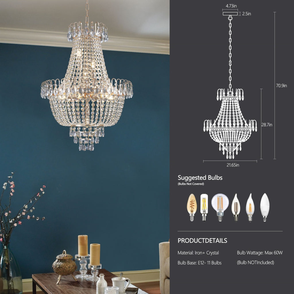 Chandelier in a room with a blue wall and decorative items, accompanied by dimensions and bulb suggestions.